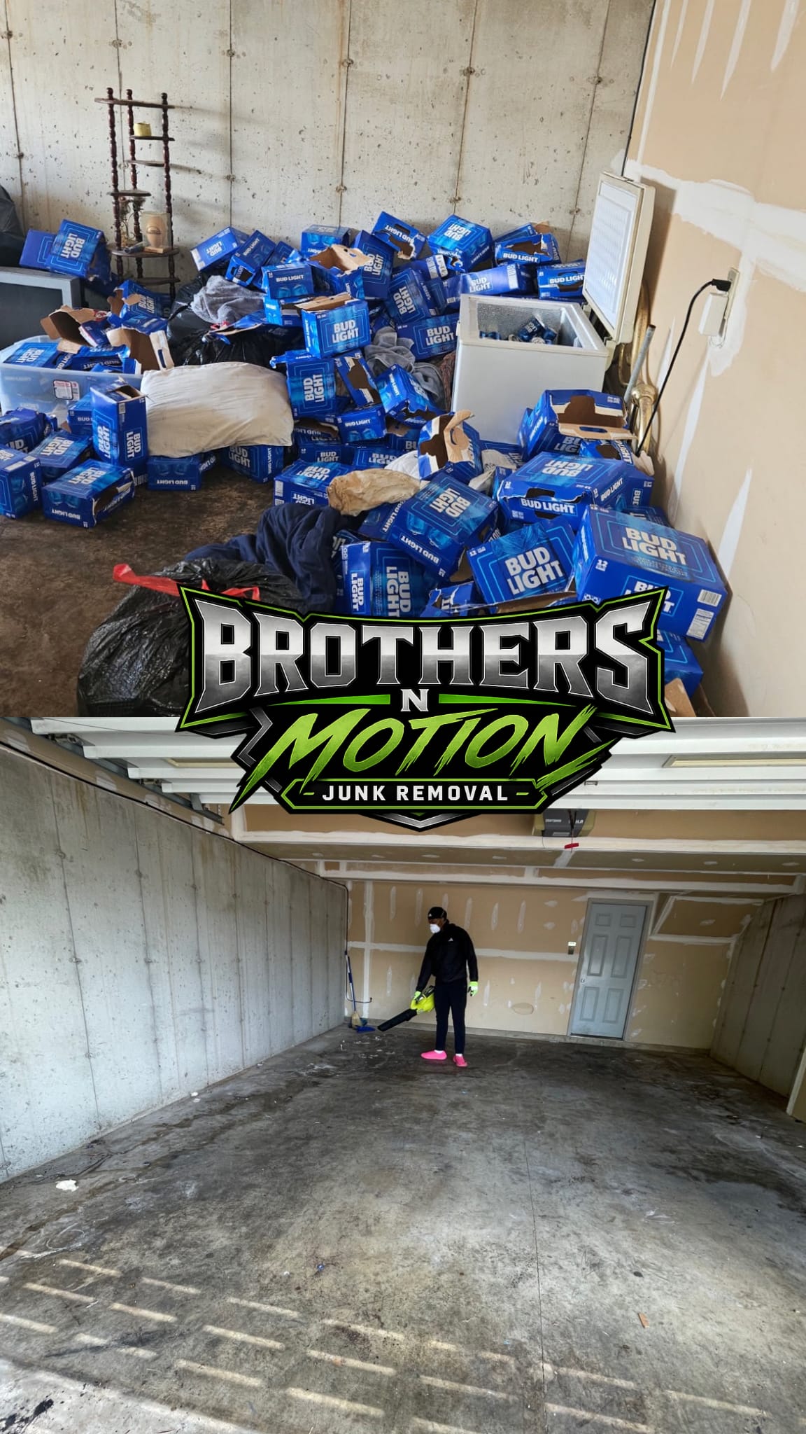 Before and after: a garage packed with junk, cleared out by Brothers N Motion